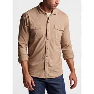 Peter Millar Lava Wash Shirt Men's XL Jersey Wicker Beige Pearl Snap Long Sleeve